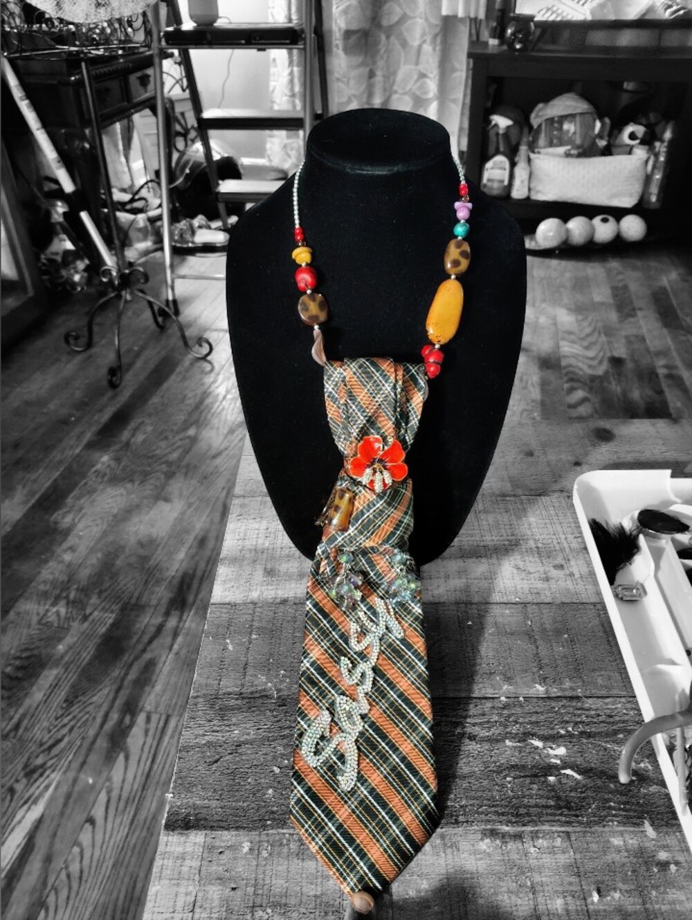 Orange and Brown Plaid Embellished Neck Tie Necklace - Picture 3 of 3